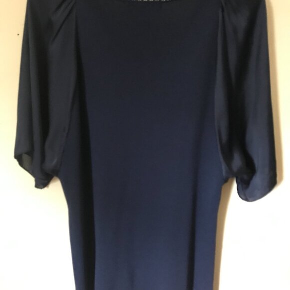 Willi Smith Sweater Blouse checkered v-neck trim, draped flowy sleeves navy blue - Picture 5 of 5